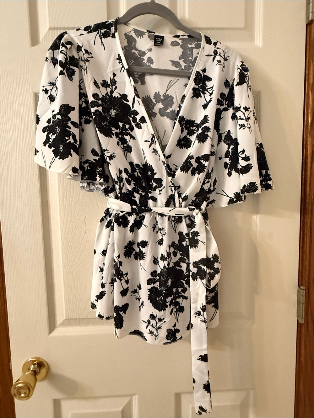 SHEIN White Faux Wrap Top with Black Floral Print